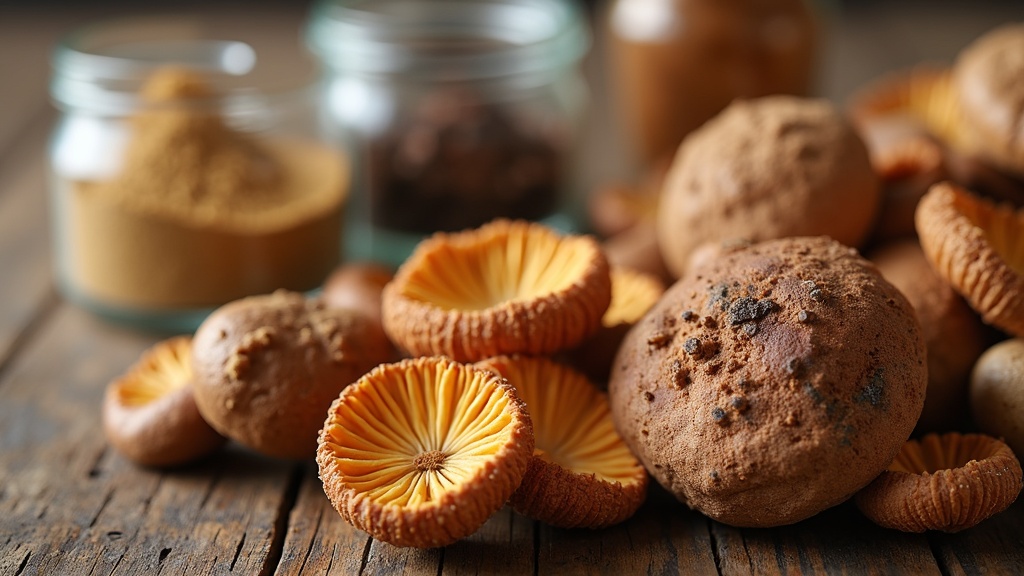 A close-up assortment of dried medicinal mushrooms on a wooden tabletop, showcasing vibrant textures and earthy colors, alongside small glass jars containing mushroom powder.