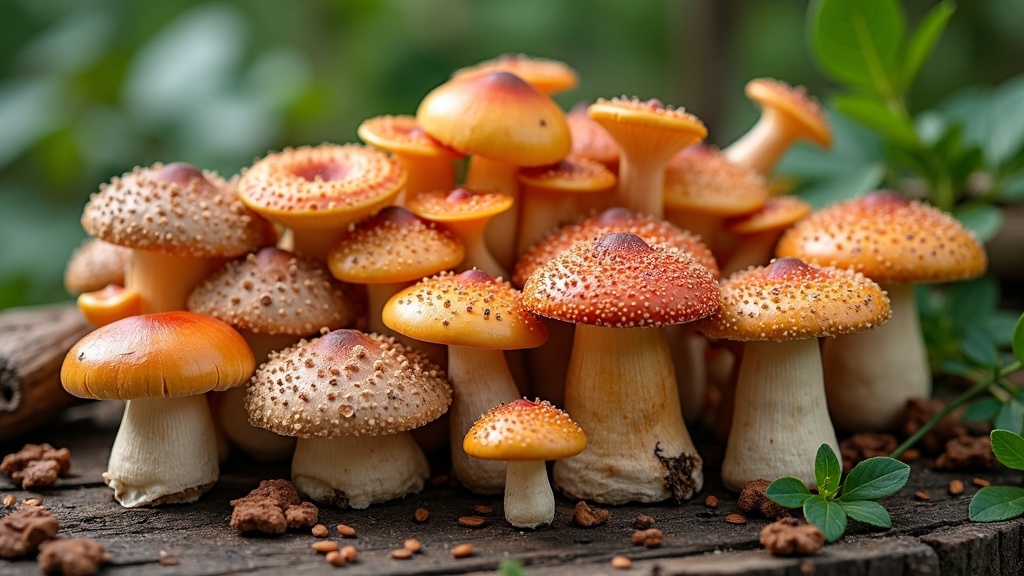 A variety of fresh medicinal mushrooms including shiitake, maitake, and reishi on a rustic wooden table